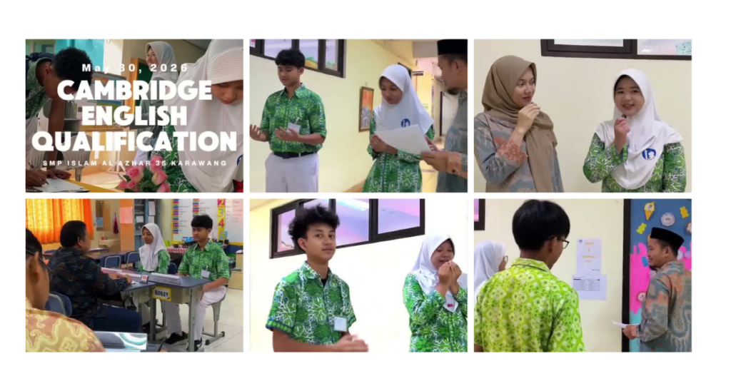Murid SMP Islam Al Azhar 35 Karawang mengikuti Cambridge English Qualification dengan sesi wawancara dan ujian bahasa Inggris bersama penguji.