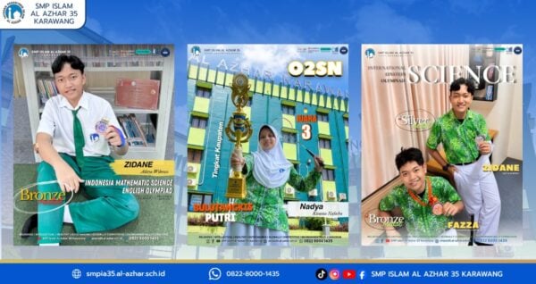 Murid berprestasi SMP Islam Al Azhar 35 Karawang meraih medali olimpiade sains, matematika, bahasa Inggris, dan Juara 3 Bulu Tangkis Putri O2SN tingkat kabupaten.