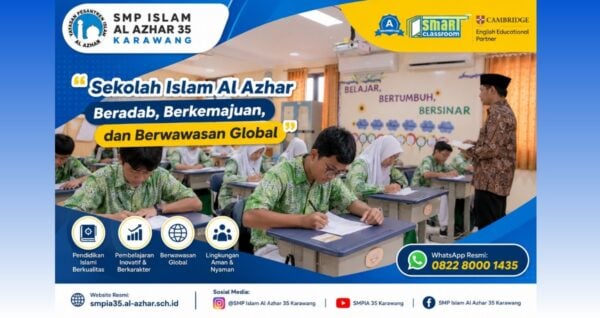 Murid SMP Islam Al Azhar 35 Karawang mengikuti Babak Penyisihan KSNR 8 di dalam kelas dengan fokus mengerjakan soal kompetisi