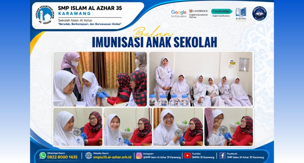 Murid SMP Islam Al Azhar 35 Karawang mengikuti Bulan Imunisasi Anak Sekolah bersama tenaga kesehatan dari Puskesmas Telukjambe Timur