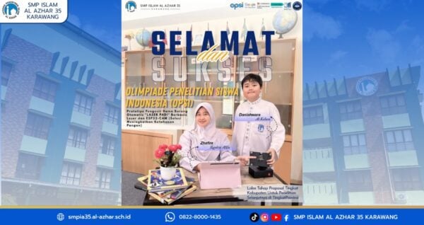 Murid SMP Islam Al Azhar 35 Karawang Zhafira Qauliya Affa dan Danishwara Al Kalani menunjukkan prototipe penelitian dalam Olimpiade Penelitian Siswa Indonesia (OPSI)